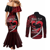 Personalised Hawaii Couples Matching Mermaid Dress and Long Sleeve Button Shirts Maui Be Strong Kakau Red Version LT01 - Polynesian Pride