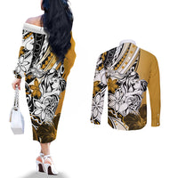 Polynesian Valentine Couples Matching Off The Shoulder Long Sleeve Dress and Long Sleeve Button Shirt Couple Floral Unique Gold Version LT01 - Polynesian Pride
