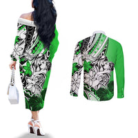 Polynesian Valentine Couples Matching Off The Shoulder Long Sleeve Dress and Long Sleeve Button Shirt Couple Floral Unique Green Version LT01 - Polynesian Pride