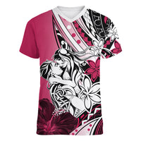 Polynesian Valentine Women V Neck T Shirt Couple Floral Unique Pink Version LT01 Female Pink - Polynesian Pride