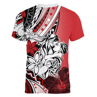 Polynesian Valentine Women V Neck T Shirt Couple Floral Unique Red Version LT01 - Polynesian Pride