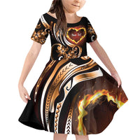 Personalised Polynesian Fiery Heart Family Matching Off Shoulder Short Dress and Hawaiian Shirt Passionate Love LT01 Daughter's Dress Black - Polynesian Pride
