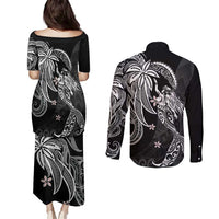 Polynesian Mermaid Plumeria Tribal Tattoo Couples Matching Puletasi and Long Sleeve Button Shirt