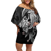 Polynesian Mermaid Plumeria Tribal Tattoo Family Matching Off Shoulder Short Dress and Hawaiian Shirt LT01 Mom's Dress Black - Polynesian Pride