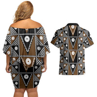 Fiji Brown Masi Pattern Couples Matching Off Shoulder Short Dress and Hawaiian Shirt Fijian Tapa