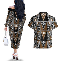 Fiji Brown Masi Pattern Couples Matching Off The Shoulder Long Sleeve Dress and Hawaiian Shirt Fijian Tapa