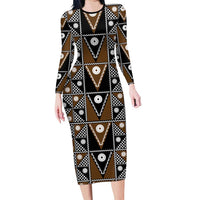 Fiji Brown Masi Pattern Family Matching Long Sleeve Bodycon Dress and Hawaiian Shirt Fijian Tapa LT01 Mom's Dress Brown - Polynesian Pride
