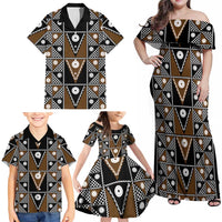 Fiji Brown Masi Pattern Family Matching Off Shoulder Maxi Dress and Hawaiian Shirt Fijian Tapa