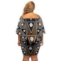 Fiji Brown Masi Pattern Off Shoulder Short Dress Fijian Tapa