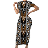 Fiji Brown Masi Pattern Short Sleeve Bodycon Dress Fijian Tapa LT01 Long Dress Brown - Polynesian Pride