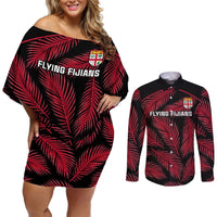 Fiji Rugby Couples Matching Off Shoulder Short Dress and Long Sleeve Button Shirts Flying Fijians Red Palm Tree Version LT01 Black - Polynesian Pride