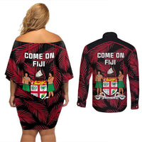 Fiji Rugby Couples Matching Off Shoulder Short Dress and Long Sleeve Button Shirts Flying Fijians Red Palm Tree Version LT01 - Polynesian Pride