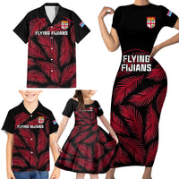 Fiji Rugby Family Matching Short Sleeve Bodycon Dress and Hawaiian Shirt Flying Fijians Red Palm Tree Version LT01 - Polynesian Pride