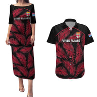 Custom Fiji Rugby Couples Matching Puletasi Dress and Hawaiian Shirt Flying Fijians Red Palm Tree Version LT01 Black - Polynesian Pride