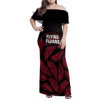 Custom Fiji Rugby Family Matching Off Shoulder Maxi Dress and Hawaiian Shirt Flying Fijians Red Palm Tree Version LT01 Mom's Dress Black - Polynesian Pride