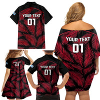 Custom Fiji Rugby Family Matching Off Shoulder Short Dress and Hawaiian Shirt Flying Fijians Red Palm Tree Version LT01 - Polynesian Pride