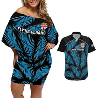 Fiji Rugby Couples Matching Off Shoulder Short Dress and Hawaiian Shirt Flying Fijians Blue Palm Tree Version LT01 Black - Polynesian Pride