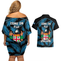fiji-rugby-couples-matching-off-shoulder-short-dress-and-hawaiian-shirt-flying-fijians-blue-palm-tree-version