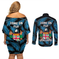 Fiji Rugby Couples Matching Off Shoulder Short Dress and Long Sleeve Button Shirts Flying Fijians Blue Palm Tree Version LT01 - Polynesian Pride