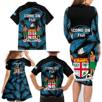 Fiji Rugby Family Matching Long Sleeve Bodycon Dress and Hawaiian Shirt Flying Fijians Blue Palm Tree Version LT01 - Polynesian Pride