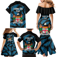 Fiji Rugby Family Matching Mermaid Dress and Hawaiian Shirt Flying Fijians Blue Palm Tree Version LT01 - Polynesian Pride