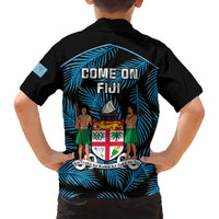 Fiji Rugby Family Matching Short Sleeve Bodycon Dress and Hawaiian Shirt Flying Fijians Blue Palm Tree Version LT01 - Polynesian Pride