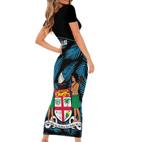 Fiji Rugby Family Matching Short Sleeve Bodycon Dress and Hawaiian Shirt Flying Fijians Blue Palm Tree Version LT01 - Polynesian Pride