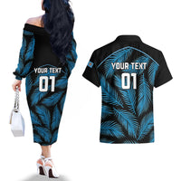 Custom Fiji Rugby Couples Matching Off The Shoulder Long Sleeve Dress and Hawaiian Shirt Flying Fijians Blue Palm Tree Version LT01 - Polynesian Pride