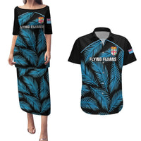 Custom Fiji Rugby Couples Matching Puletasi Dress and Hawaiian Shirt Flying Fijians Blue Palm Tree Version LT01 Black - Polynesian Pride