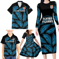 Custom Fiji Rugby Family Matching Long Sleeve Bodycon Dress and Hawaiian Shirt Flying Fijians Blue Palm Tree Version LT01 - Polynesian Pride