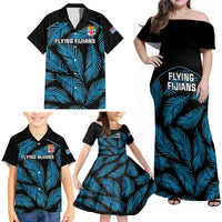 Custom Fiji Rugby Family Matching Off Shoulder Maxi Dress and Hawaiian Shirt Flying Fijians Blue Palm Tree Version LT01 - Polynesian Pride