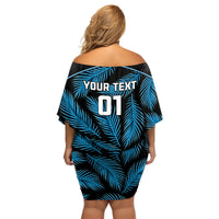 Custom Fiji Rugby Family Matching Off Shoulder Short Dress and Hawaiian Shirt Flying Fijians Blue Palm Tree Version LT01 - Polynesian Pride
