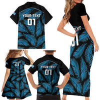 Custom Fiji Rugby Family Matching Short Sleeve Bodycon Dress and Hawaiian Shirt Flying Fijians Blue Palm Tree Version LT01 - Polynesian Pride