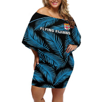 Custom Fiji Rugby Off Shoulder Short Dress Flying Fijians Blue Palm Tree Version LT01 Women Black - Polynesian Pride