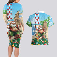 Hawaii Christmas Santa Claus Couples Matching Long Sleeve Bodycon Dress and Hawaiian Shirt Mele Kalikimaka Tropical Beach LT01 - Polynesian Pride