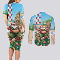 Hawaii Christmas Santa Claus Couples Matching Long Sleeve Bodycon Dress and Long Sleeve Button Shirt Mele Kalikimaka Tropical Beach