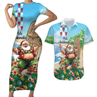 Hawaii Christmas Santa Claus Couples Matching Short Sleeve Bodycon Dress and Hawaiian Shirt Mele Kalikimaka Tropical Beach LT01 Art - Polynesian Pride