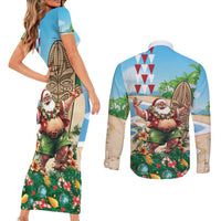 Hawaii Christmas Santa Claus Couples Matching Short Sleeve Bodycon Dress and Long Sleeve Button Shirt Mele Kalikimaka Tropical Beach