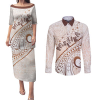 Pasifika Festival Couples Matching Puletasi and Long Sleeve Button Shirt Vintage Tribal Pattern LT01 Brown - Polynesian Pride