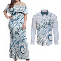Pasifika Festival Couples Matching Off Shoulder Maxi Dress and Long Sleeve Button Shirt Tribal Pattern Blue Version LT01 Blue - Polynesian Pride