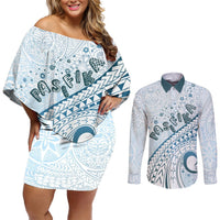 Pasifika Festival Couples Matching Off Shoulder Short Dress and Long Sleeve Button Shirt Tribal Pattern Blue Version LT01 Blue - Polynesian Pride