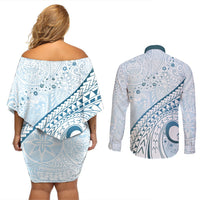 Pasifika Festival Couples Matching Off Shoulder Short Dress and Long Sleeve Button Shirt Tribal Pattern Blue Version LT01 - Polynesian Pride