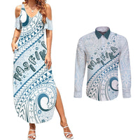 Pasifika Festival Couples Matching Summer Maxi Dress and Long Sleeve Button Shirt Tribal Pattern Blue Version LT01 Blue - Polynesian Pride