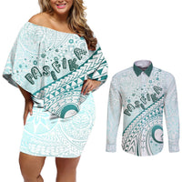 Pasifika Festival Couples Matching Off Shoulder Short Dress and Long Sleeve Button Shirt Tribal Pattern Teal Version LT01 Teal - Polynesian Pride