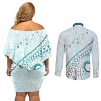 Pasifika Festival Couples Matching Off Shoulder Short Dress and Long Sleeve Button Shirt Tribal Pattern Teal Version LT01 - Polynesian Pride