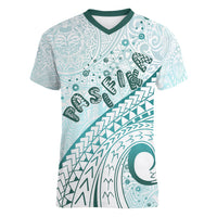 Pasifika Festival Women V Neck T Shirt Tribal Pattern Teal Version LT01