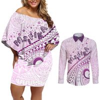 Pasifika Festival Couples Matching Off Shoulder Short Dress and Long Sleeve Button Shirt Tribal Pattern Lilac Version LT01 Purple - Polynesian Pride