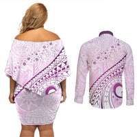 Pasifika Festival Couples Matching Off Shoulder Short Dress and Long Sleeve Button Shirt Tribal Pattern Lilac Version LT01 - Polynesian Pride