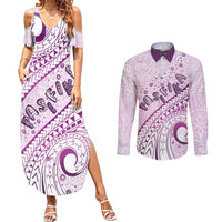Pasifika Festival Couples Matching Summer Maxi Dress and Long Sleeve Button Shirt Tribal Pattern Lilac Version LT01 Purple - Polynesian Pride