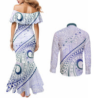Pasifika Festival Couples Matching Mermaid Dress and Long Sleeve Button Shirt Tribal Pattern Violet Version LT01 - Polynesian Pride